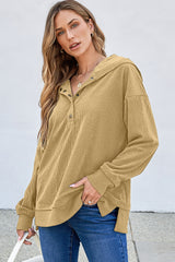 Simply Taupe Solid Ribbed Knit Buttoned Drop Shoulder Oversized Hoodie Sweatshirts & Hoodies JT's Designer Fashion
