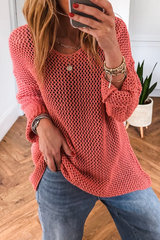 Coral Crochet Hollow-out Jumper Top Sweater Coral 100%Acrylic Sweaters JT's Designer Fashion