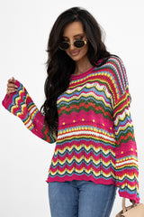 Rose Red Colorblock Striped Hollowed Knit Loose Sleeve Sweater Sweaters JT's Designer Fashion