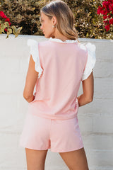 Light Pink Contrast Trim Ruffled Top and Drawstring Shorts Set Short Sets JT's Designer Fashion