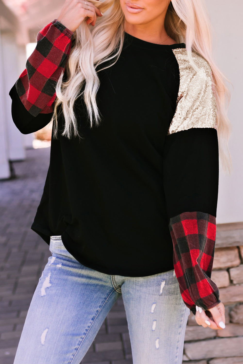 Black Crewneck Lantern Sleeve Plaid Sequin Splicing Blouse Long Sleeve Tops JT's Designer Fashion