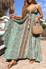 Green Floral Print V Neck Ruffled Trim Backless Tassel Waist Maxi Dress Floral Dresses JT's Designer Fashion