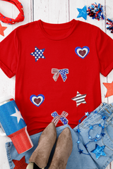 Red American Flag Inspired Sequined Pattern Crewneck Tee Graphic Tees JT's Designer Fashion