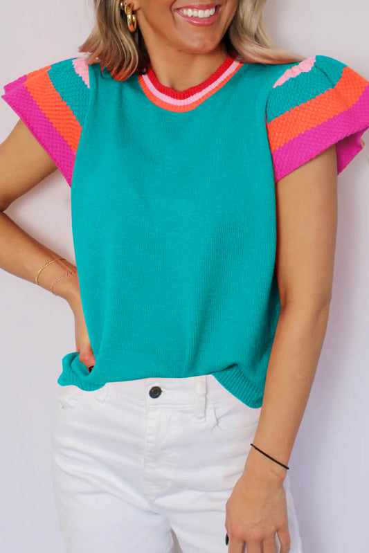 Turquoise Knitted Contrast Sleeve Round Neck Tee Sweaters & Cardigans JT's Designer Fashion
