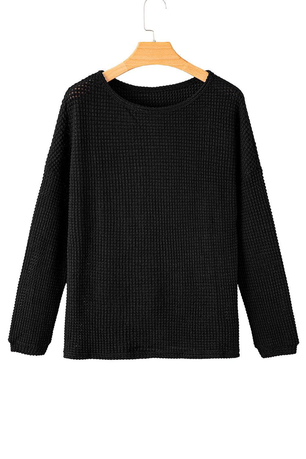 Black Waffle Knit Drop Shoulder Long Sleeve Top Long Sleeve Tops JT's Designer Fashion
