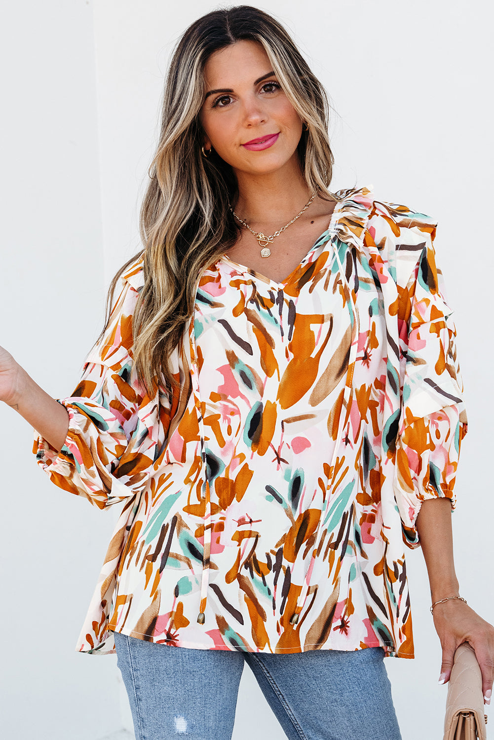 Yellow Abstract Print Drawstring Frilled V Neck 3/4 Sleeve Blouse Blouses & Shirts JT's Designer Fashion