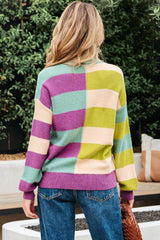 Green Stripe Drop Shoulder Ribbed Edge Casual Sweater Sweaters JT's Designer Fashion