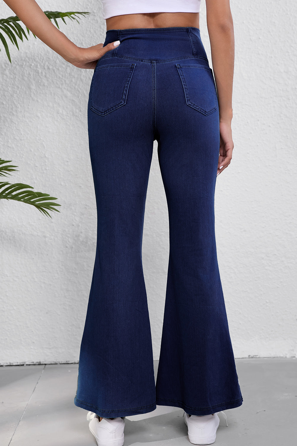 Dusk Blue Solid Crossed Waist High Elastic Fit Flare Knit Jeans Jeans JT's Designer Fashion