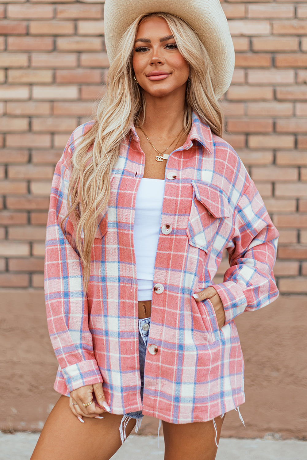Pink Plaid Flap Pocket Button Up Shacket Plaid Shackets JT's Designer Fashion