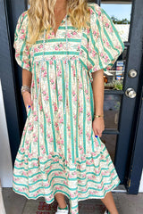 Multicolour Striped Floral Print Tie Split Neck Puff Sleeve Midi Dress Floral Dresses JT's Designer Fashion
