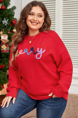 Fiery Red Tinsel merry Pattern Drop Shoulder Plus Size Sweater Fiery Red 52%Viscose+26%Polyester+22%Polyamide Plus Size Sweaters & Cardigans JT's Designer Fashion