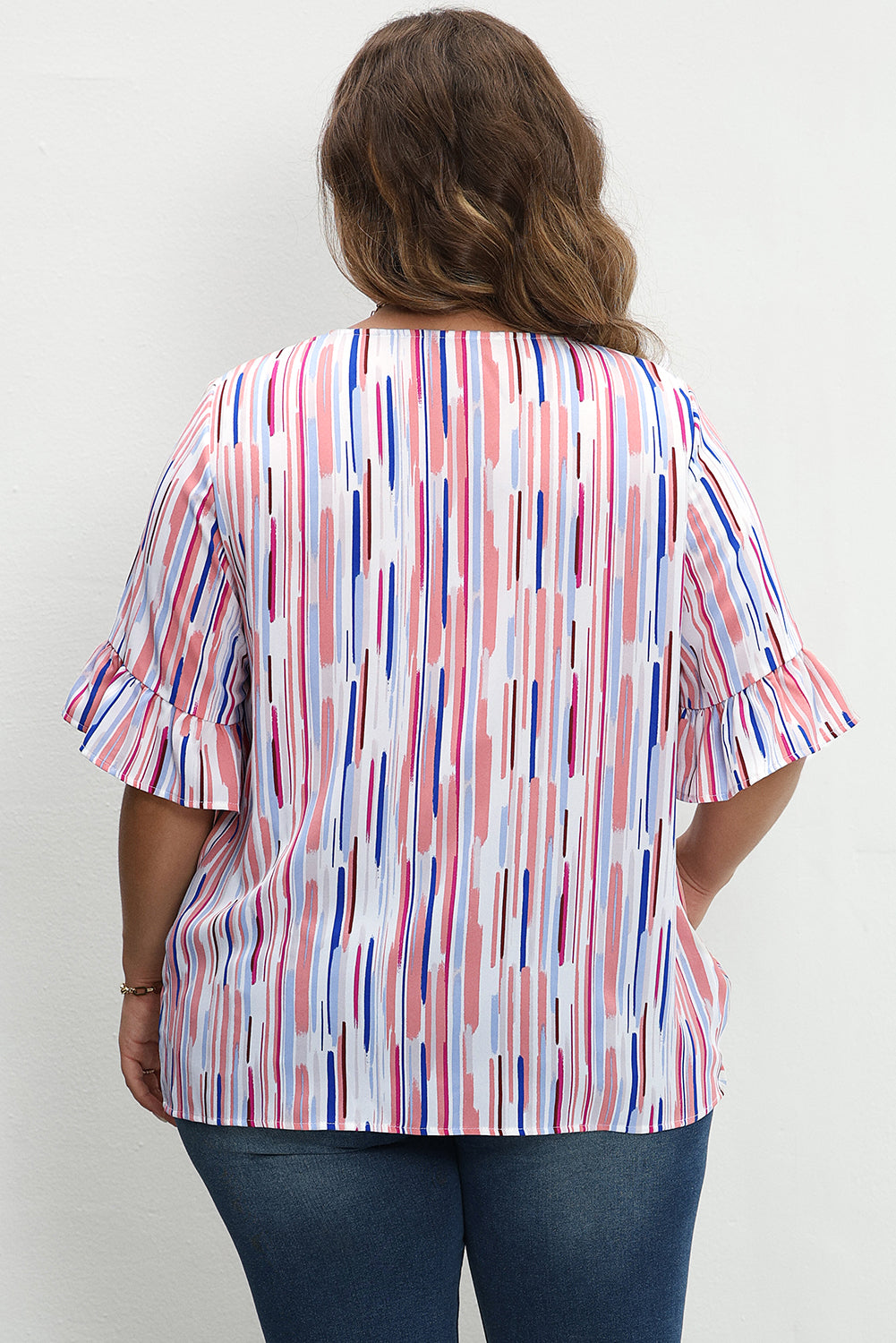 White Stripe Ruffled Short Sleeve Plus Size Blouse Plus Size Tops JT's Designer Fashion