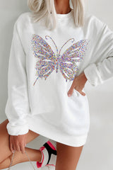 White Rhinestone Butterfly Graphic Crewneck Oversized Sweatshirt Graphic Sweatshirts JT's Designer Fashion