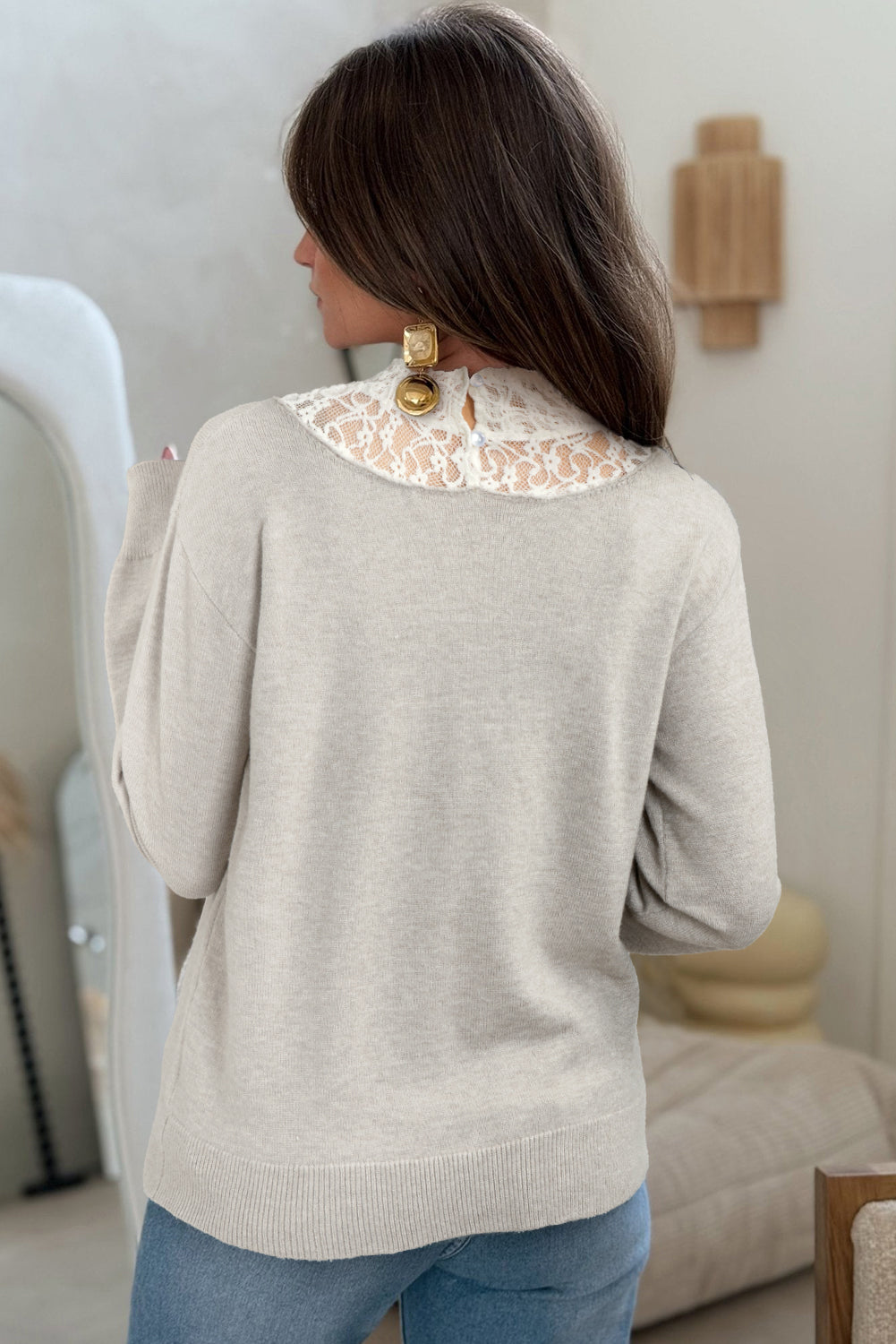 Light Grey Button Keyhole Lace Patchwork Drop Shoulder Sweater Sweaters JT's Designer Fashion