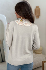 Light Grey Button Keyhole Lace Patchwork Drop Shoulder Sweater Sweaters JT's Designer Fashion