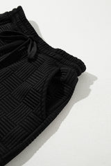 Black Textured Ruffled Sleeve Tee and Drawstring Elastic Waistband Shorts Set Short Sets JT's Designer Fashion