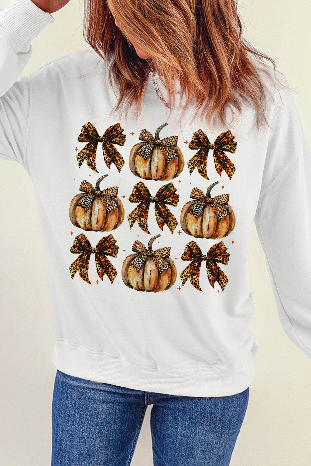 Beige Pumpkin Leopard Bow Knot Print Pullover Sweatshirt Graphic Sweatshirts JT's Designer Fashion