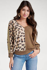 Brown Leopard Splicing Waffle Knit V Neck Top Long Sleeve Tops JT's Designer Fashion