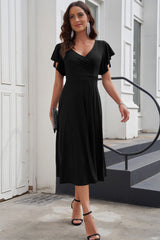 Black Ruffled Sleeve Wrap V Neck Midi Dress Midi Dresses JT's Designer Fashion