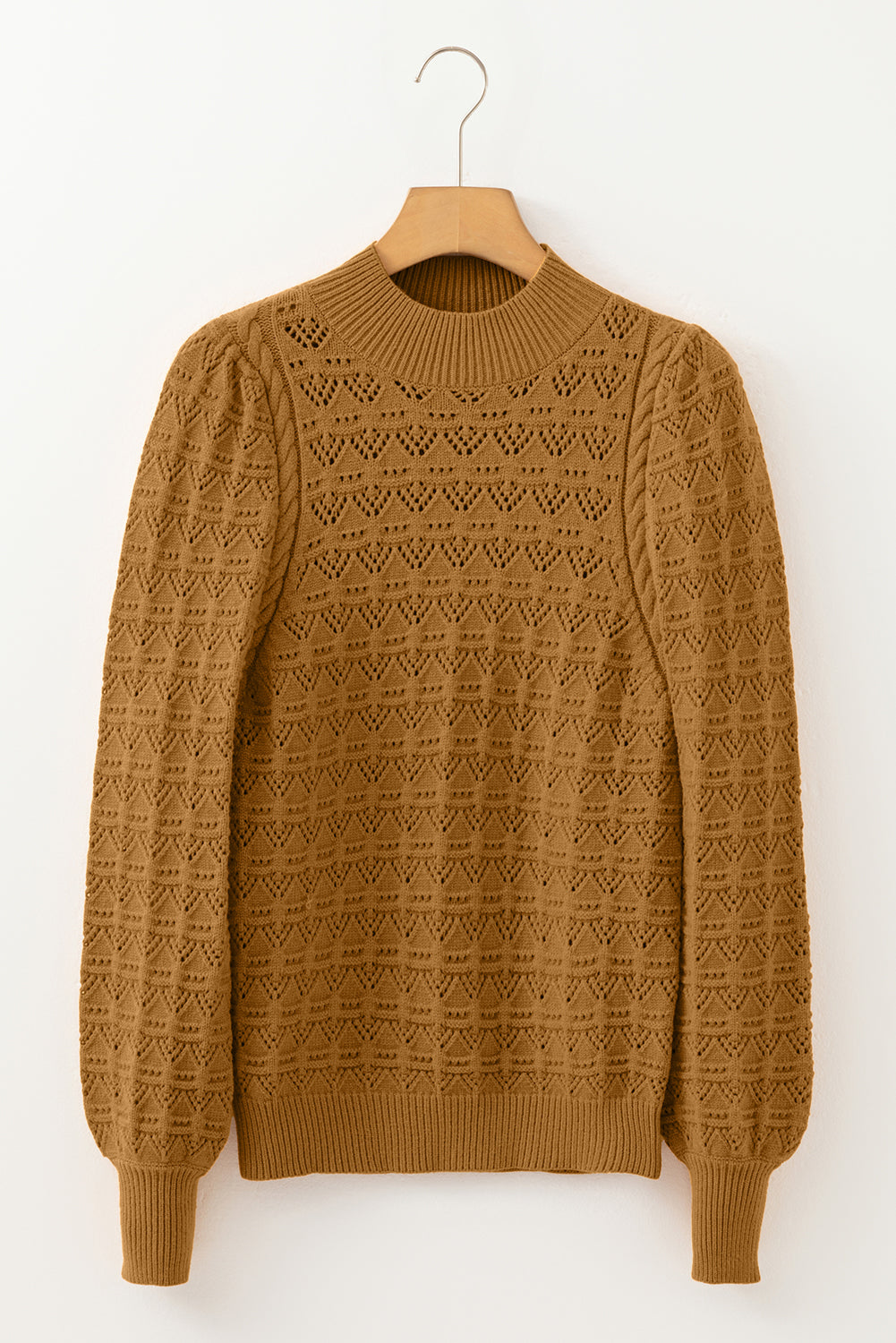 Jurassic Gold Hollow Out Crochet Ribbed Edge Balloon Sleeve Sweater Sweaters JT's Designer Fashion