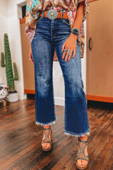 Sail Blue Mineral Wash Raw Hem High Waist Flared Jeans Sail Blue 71%Cotton+27.5%Polyester+1.5%Elastane Jeans JT's Designer Fashion