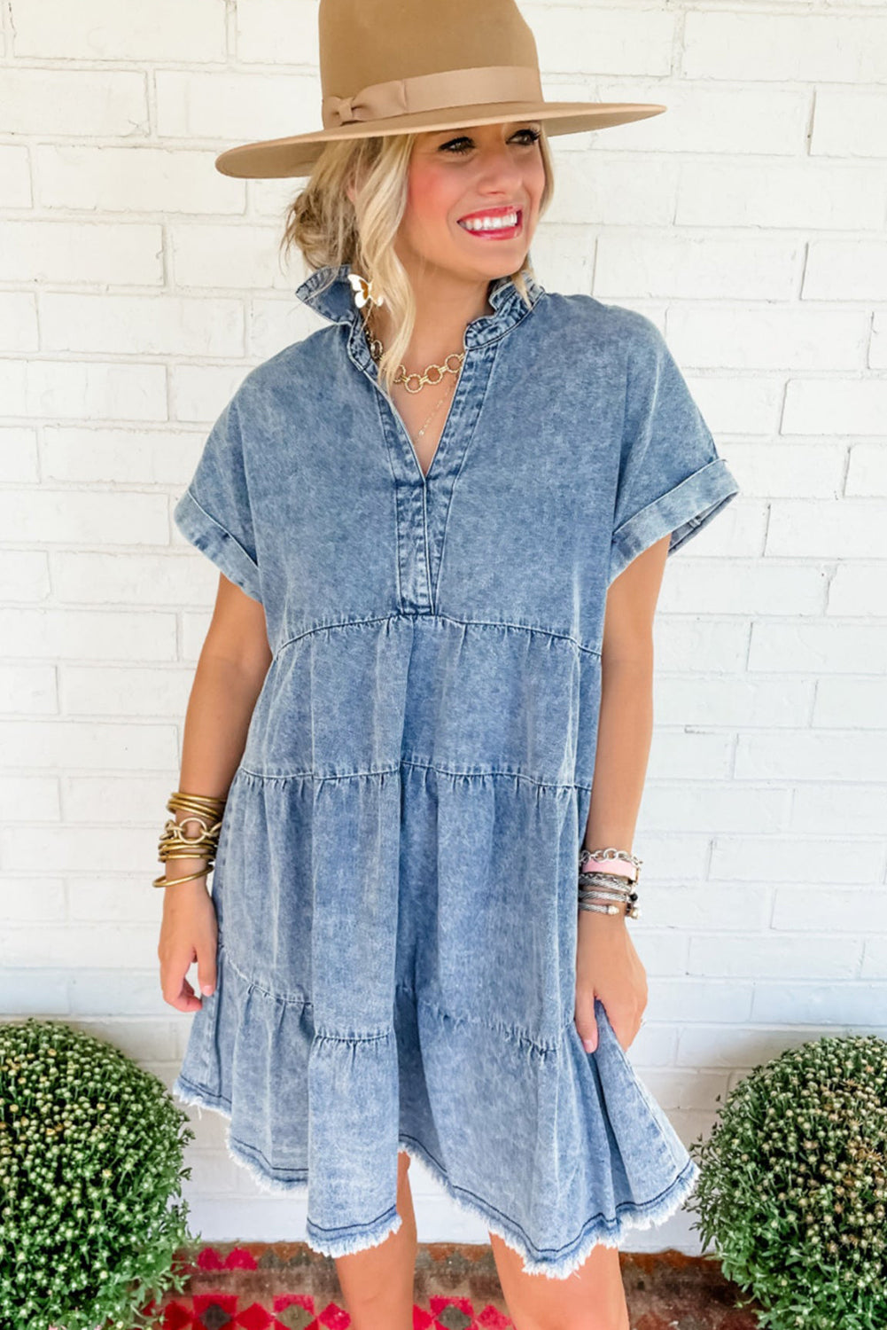 Sky Blue Acid Wash V Neck Tiered Denim Dress Dresses JT's Designer Fashion
