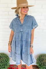 Sky Blue Acid Wash V Neck Tiered Denim Dress Dresses JT's Designer Fashion