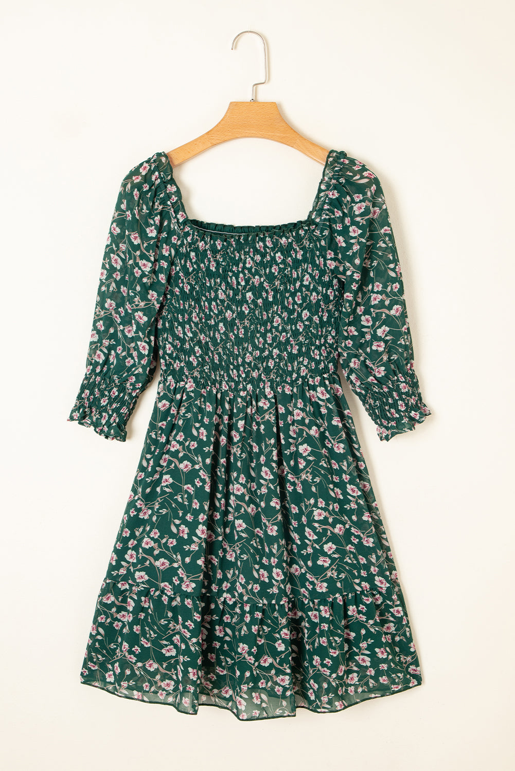 Green Smocked Square Neck Puff Short Sleeve Floral Dress Floral Dresses JT's Designer Fashion