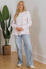 Pink Floral Print Shirred Balloon Sleeve Keyhole Back Babydoll Blouse Blouses & Shirts JT's Designer Fashion