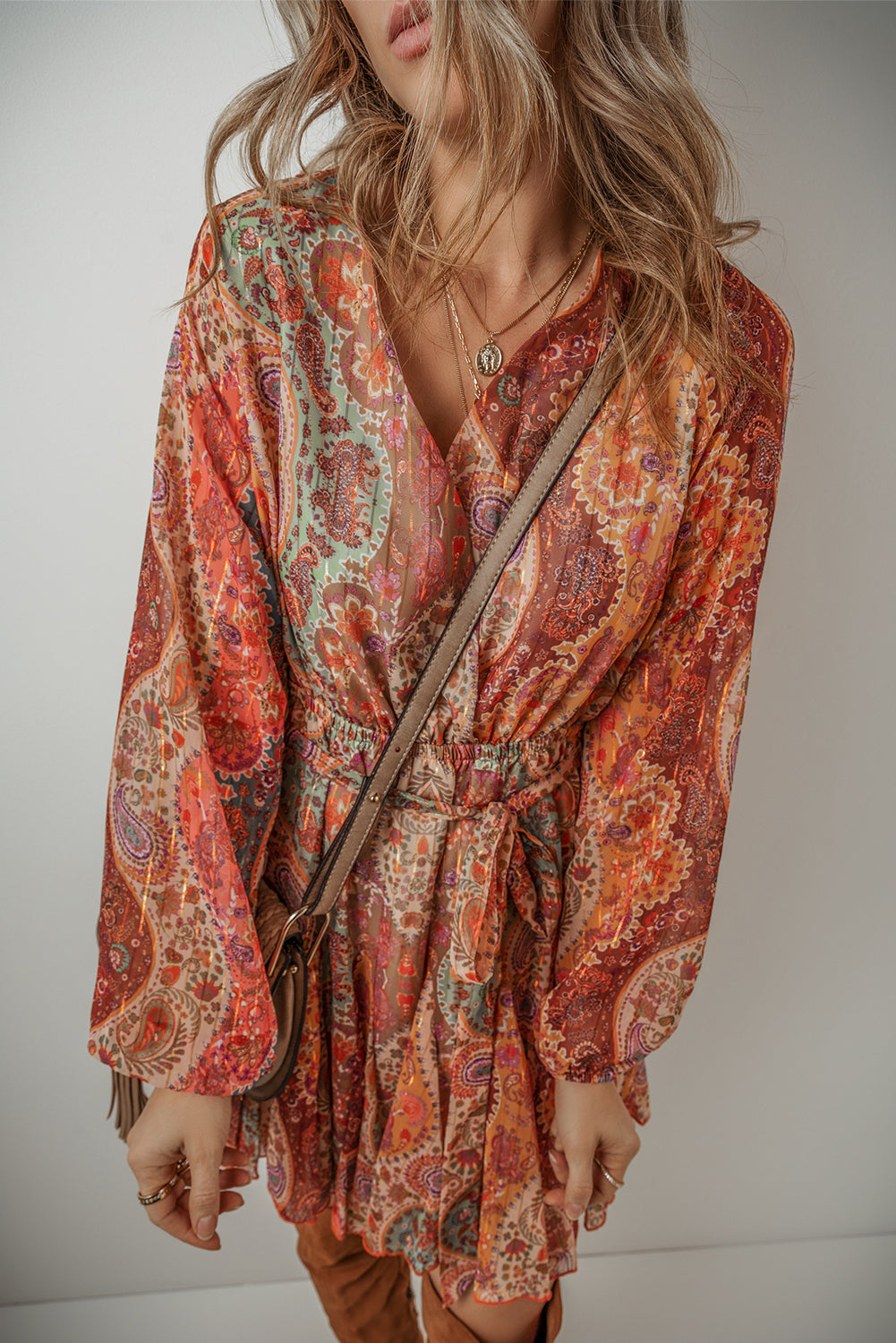 Orange Boho Paisley Print Long Sleeve Pleated Belted Mini Dress Mini Dresses JT's Designer Fashion