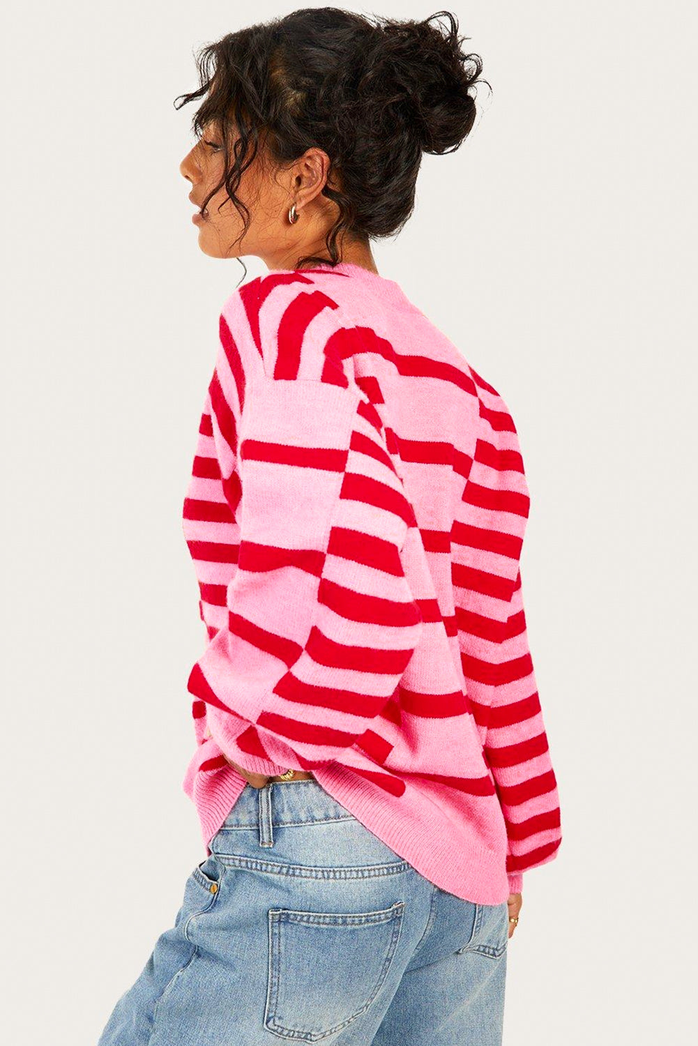 Pink Stripe Bubble Sleeve Drop Shoulder Ribbed Trim Sweater Sweaters JT's Designer Fashion