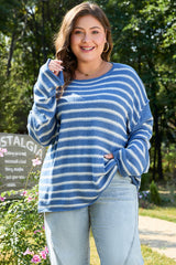 Sky Blue Stripe Drop Shoulder O Neck Plus Size Sweater Plus Size Sweaters & Cardigans JT's Designer Fashion