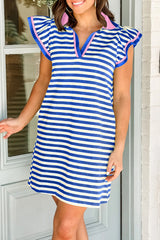 Dark Blue Stripe Print Contrast Collar Split Neck Flutter Sleeve Short Dress Mini Dresses JT's Designer Fashion