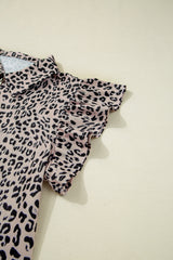 Brown Leopard Half Zipper Collared Ruffled Sleeve Top and Short Set Short Sets JT's Designer Fashion