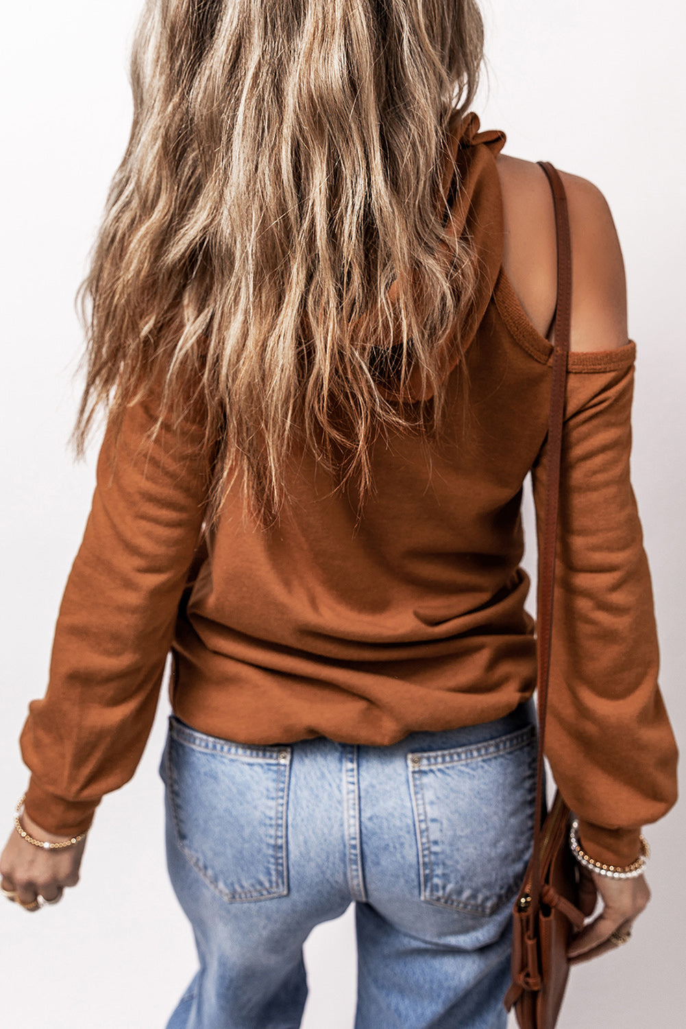 Cinnamon Exposed Seam Cold Shoulder Drawstring Hoodie Sweatshirts & Hoodies JT's Designer Fashion