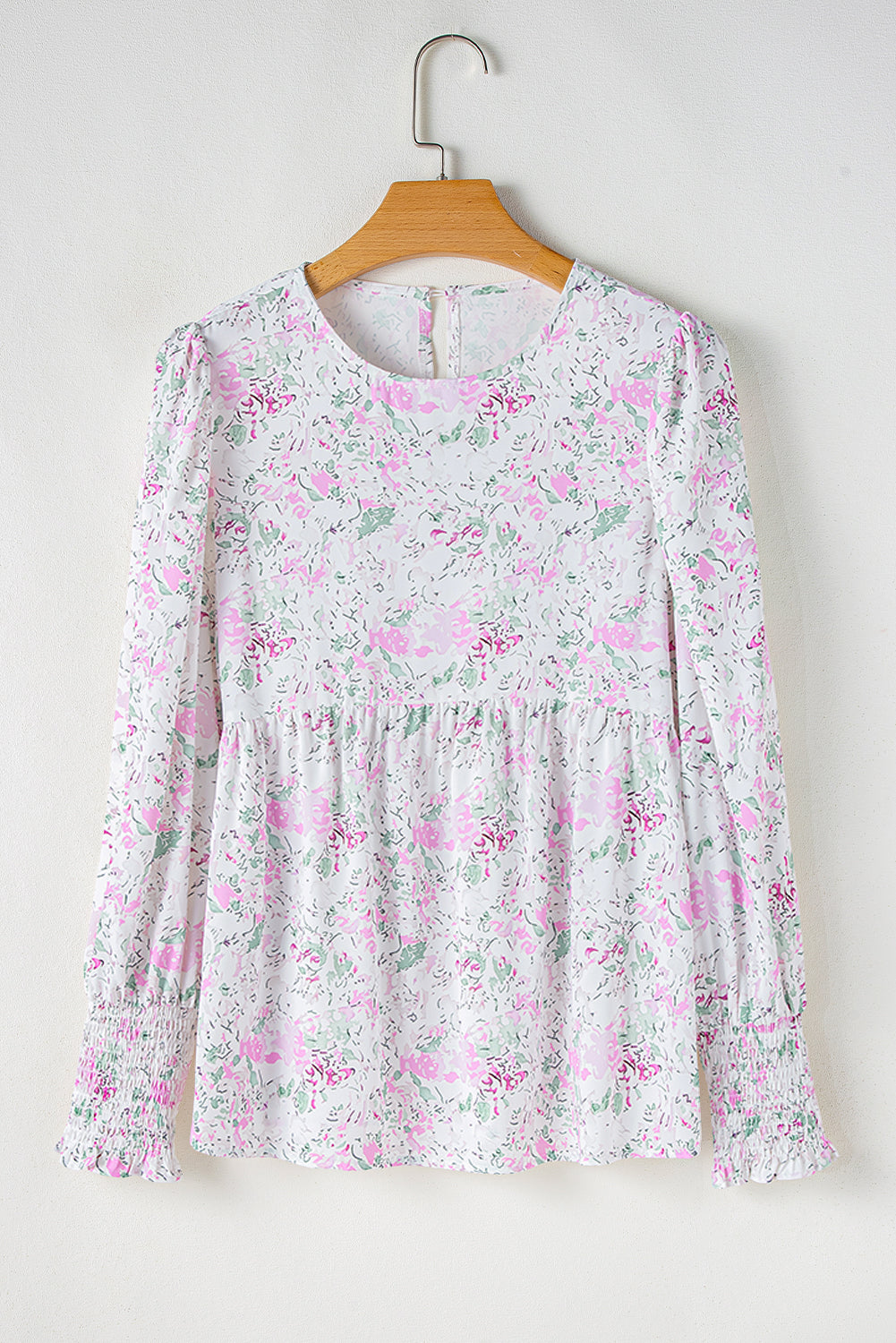 Pink Floral Print Shirred Balloon Sleeve Keyhole Back Babydoll Blouse Blouses & Shirts JT's Designer Fashion