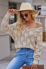 Apricot Crochet Knit Ribbed Hem Hollow-out Sweater Sweaters JT's Designer Fashion