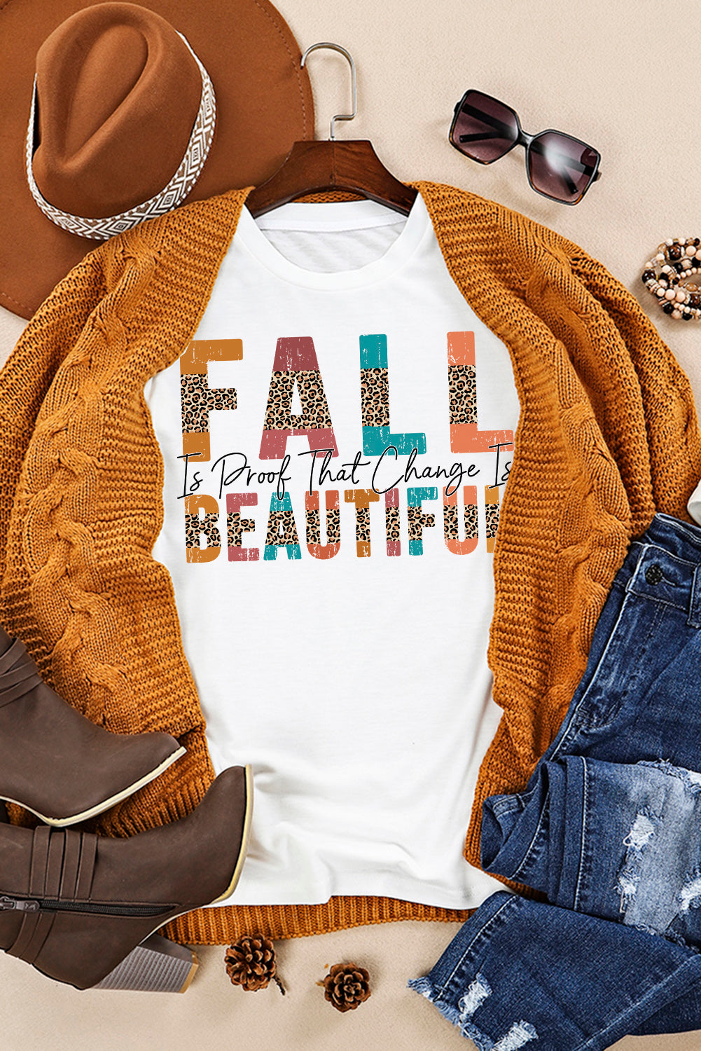 White FALL BEAUTIFUL Leopard Print Short Sleeve T Shirt Graphic Tees JT's Designer Fashion