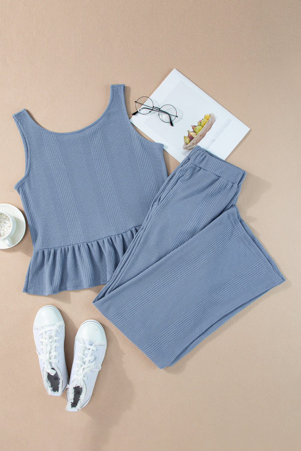 Beau Blue Solid Color Ribbed Ruffle Tank Top and Pants Set Pant Sets JT's Designer Fashion