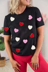 Black Valentines Chenille Heart Patched Pattern Crewneck Tee Graphic Tees JT's Designer Fashion