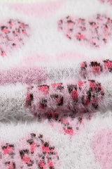 Pink Heart Leopard Print Pearled Ribbed Trim Fuzzy Sweater Sweaters JT's Designer Fashion