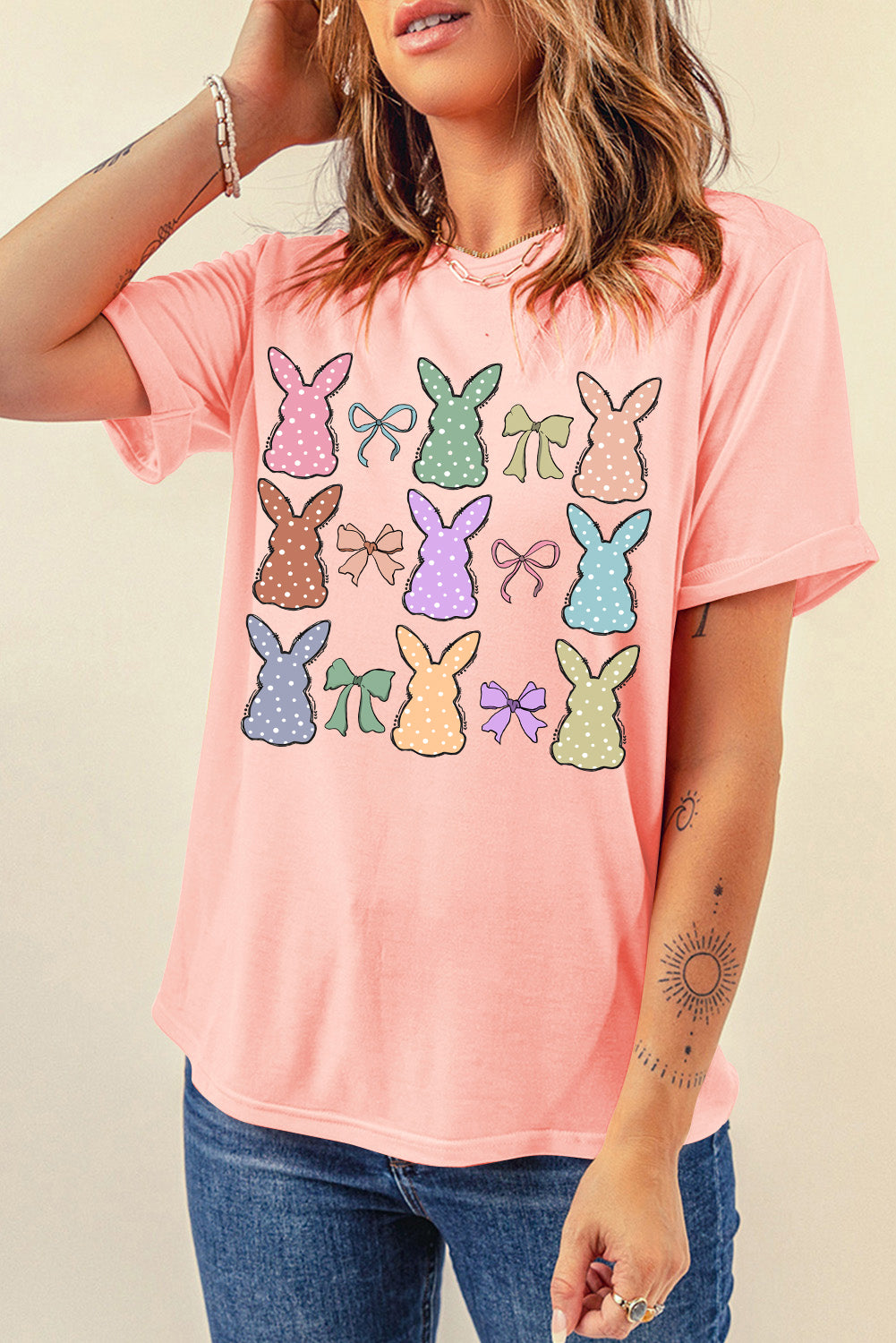 Pink Dotty Bunny Bow Printed Easter Day Fashion T Shirt Graphic Tees JT's Designer Fashion