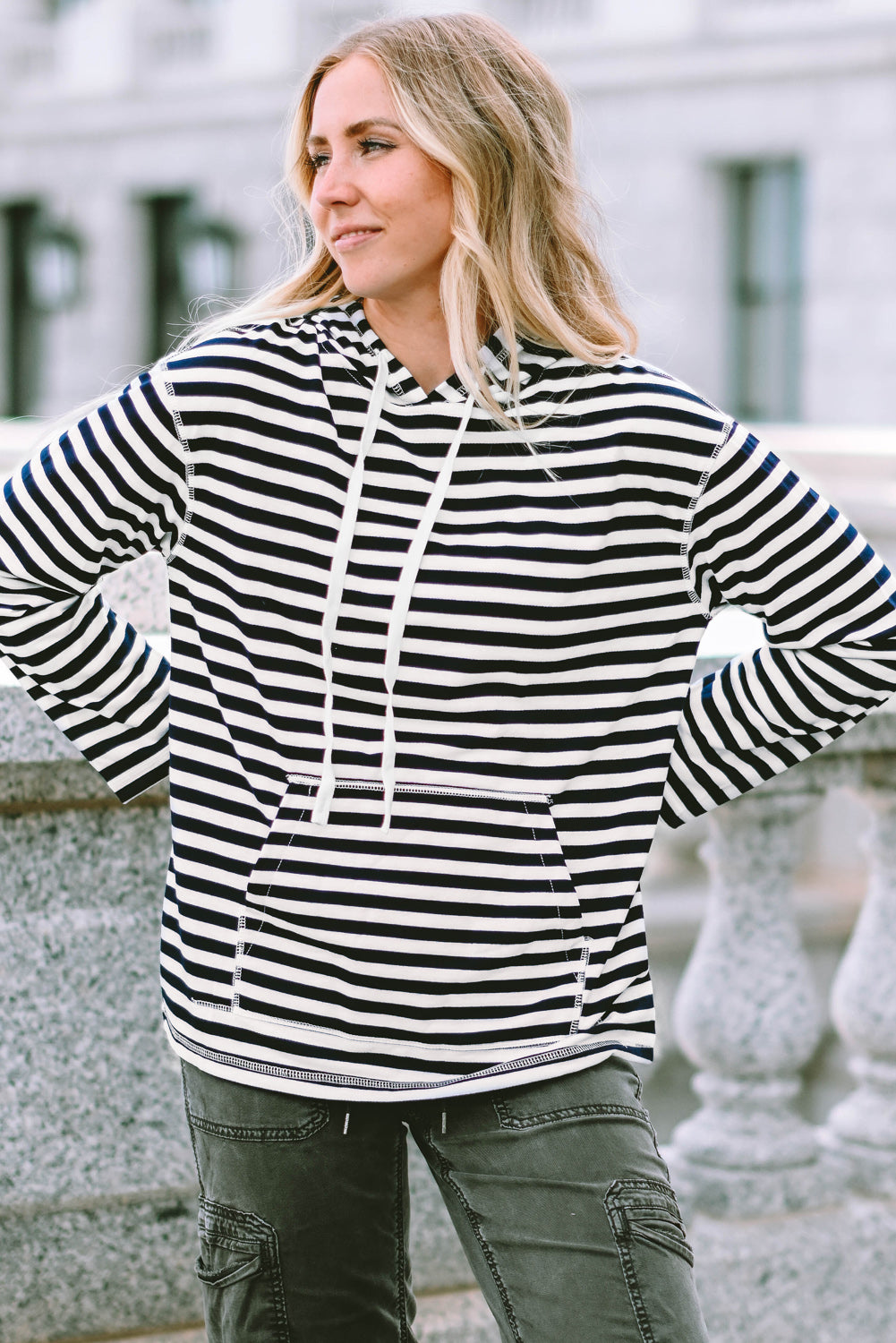 Stripe Kangaroo Pocket Drawstring Hoodie Sweatshirts & Hoodies JT's Designer Fashion