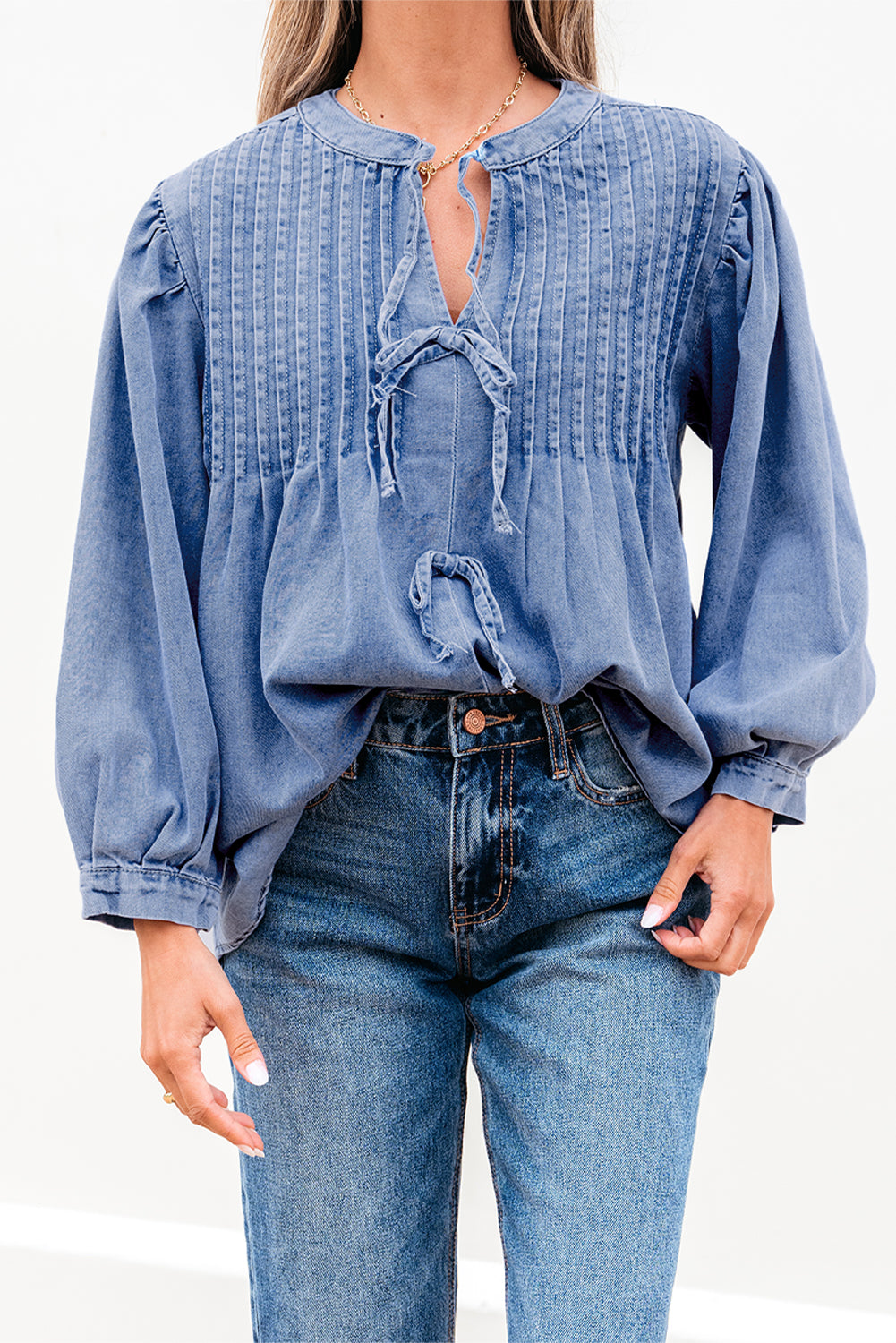 Myosotis Denim Front Pintuck Bow Tie Puff Sleeve Top Blouses & Shirts JT's Designer Fashion