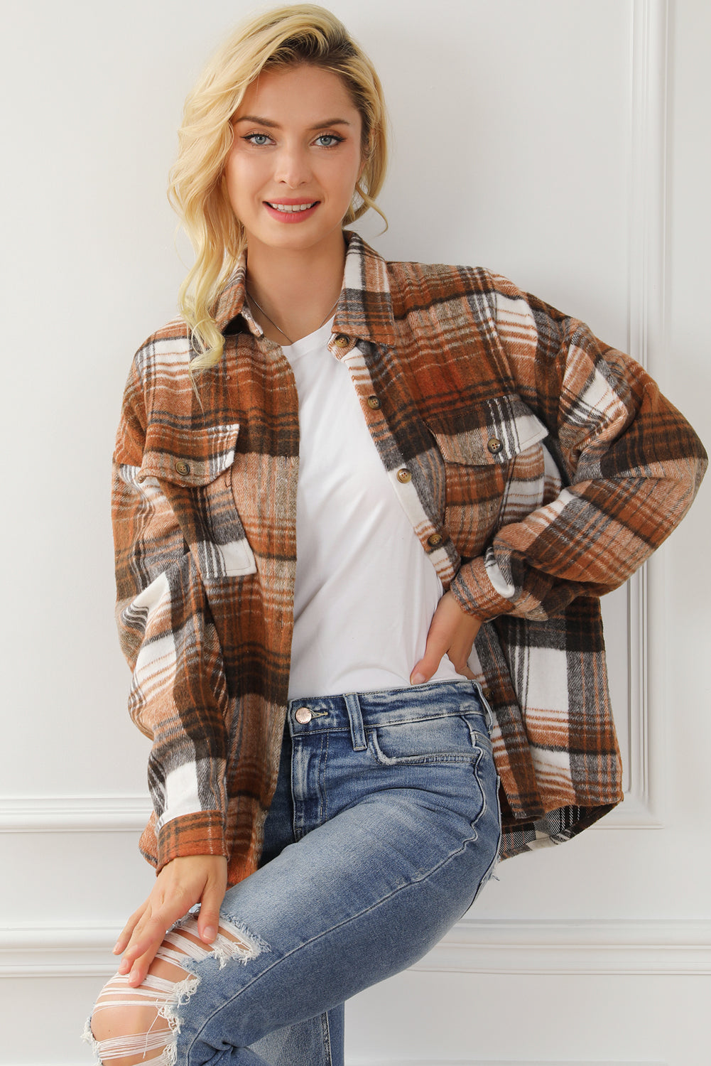 Brown Plaid Flap Pockets Shacket Plaid Shackets JT's Designer Fashion