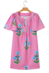 Rose Floral Short Sleeve Split Neck Loose Mini Dress Floral Dresses JT's Designer Fashion