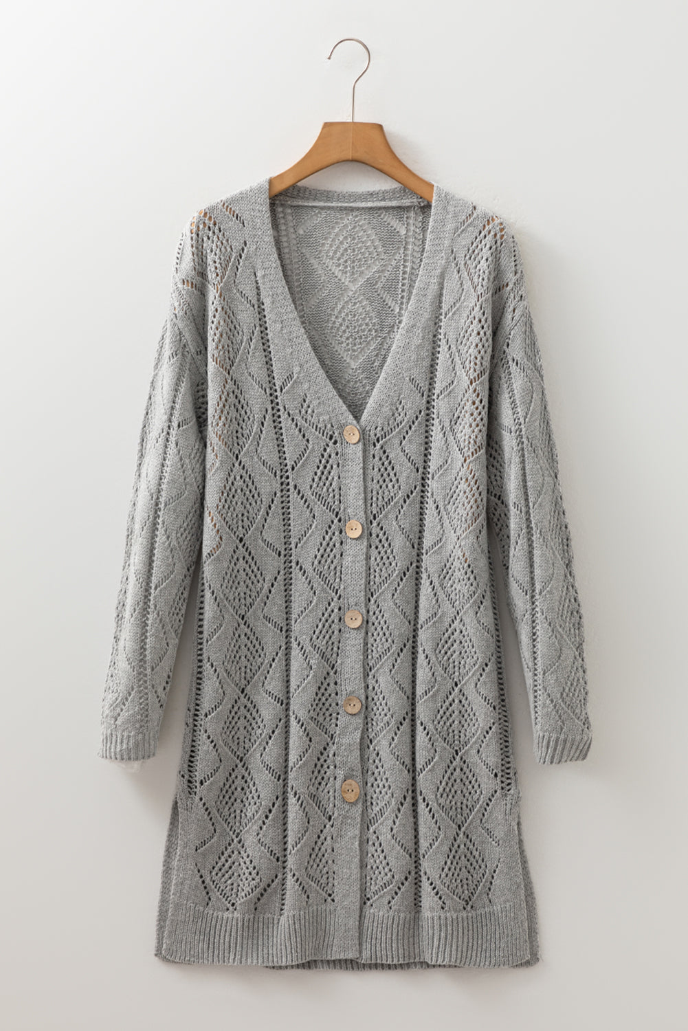 Gray Hollow-out Openwork Knit Cardigan Cardigans JT's Designer Fashion