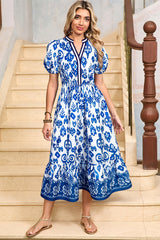 Blue Floral Puff Short Sleeve V Neck High Waist Maxi Dress Floral Dresses JT's Designer Fashion