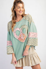 Clearly Aqua Plaid Floral Peace Heart Graphic Wide Long Sleeve Top Long Sleeve Tops JT's Designer Fashion