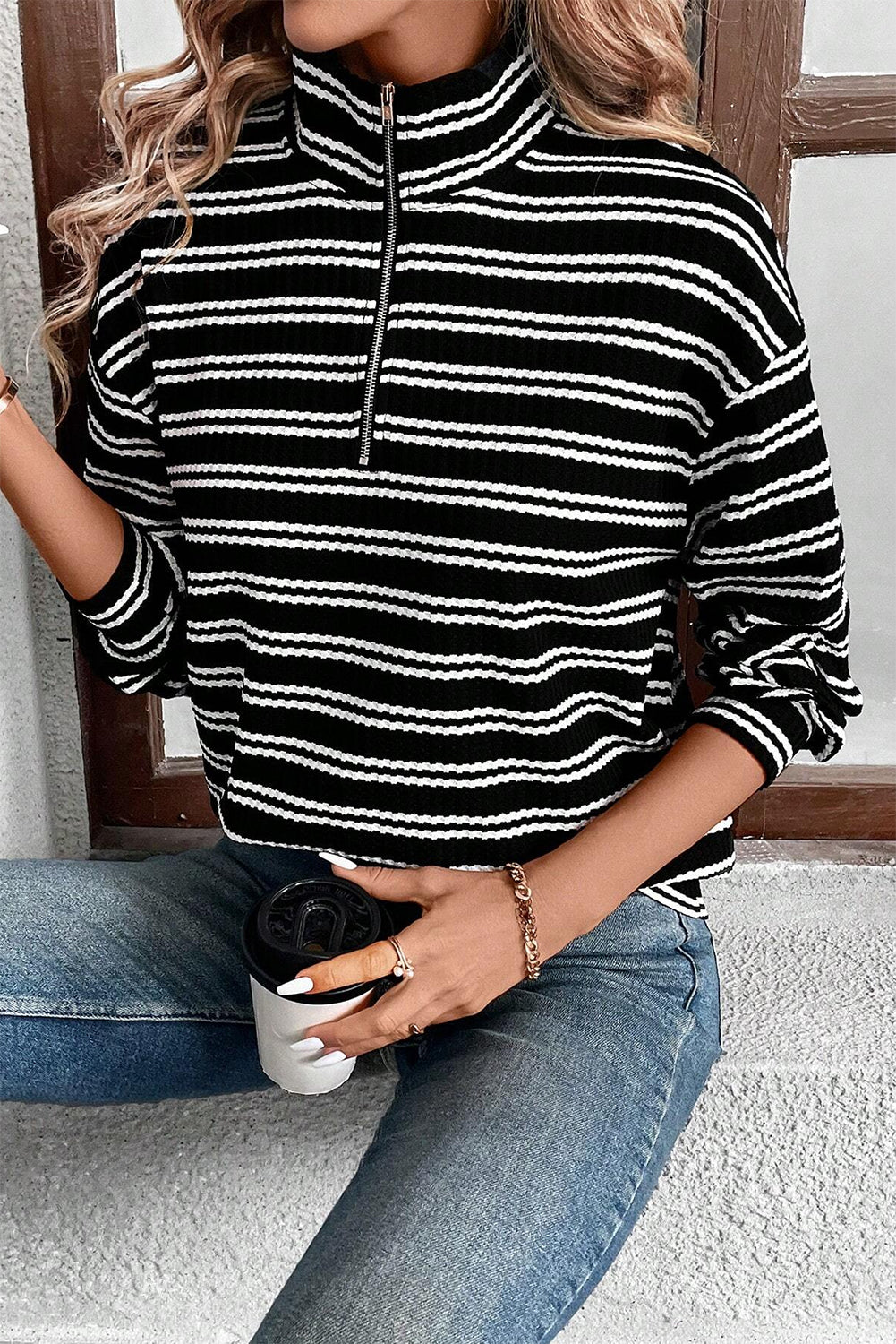 Black Stripe Textured Quarter Zip Collar Long Sleeve Top Long Sleeve Tops JT's Designer Fashion